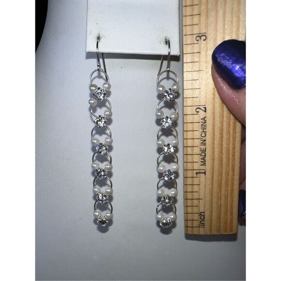 Silver Tone and Rhinestone and Faux Pearl Circular Long Statement Earrings - Picture 5 of 8